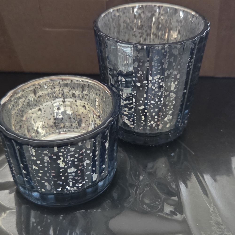 NEW Silver/Blue Glass Candle Holders